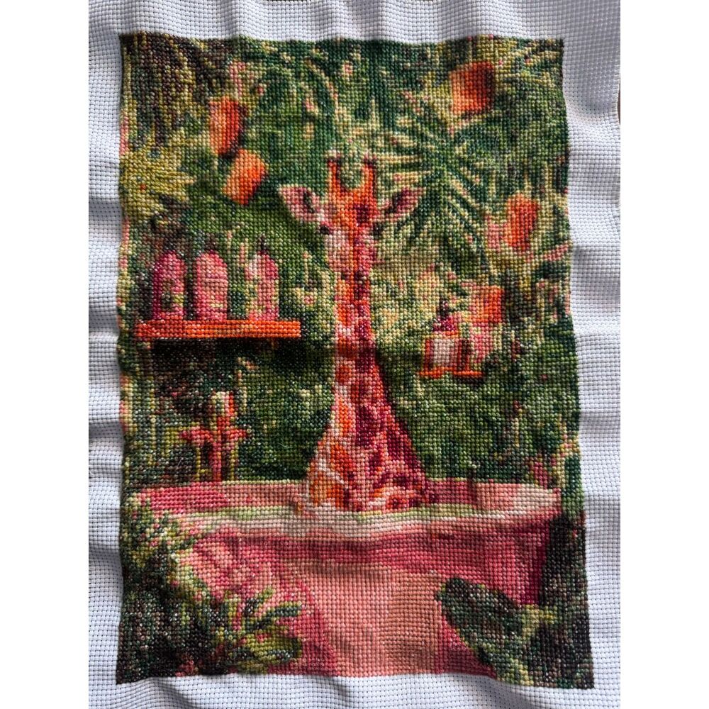 Completed Cross Stitch Pattern Giraffe in a Bath Tub